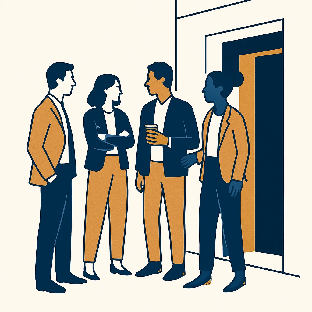 Colleagues chatting informally outside an office