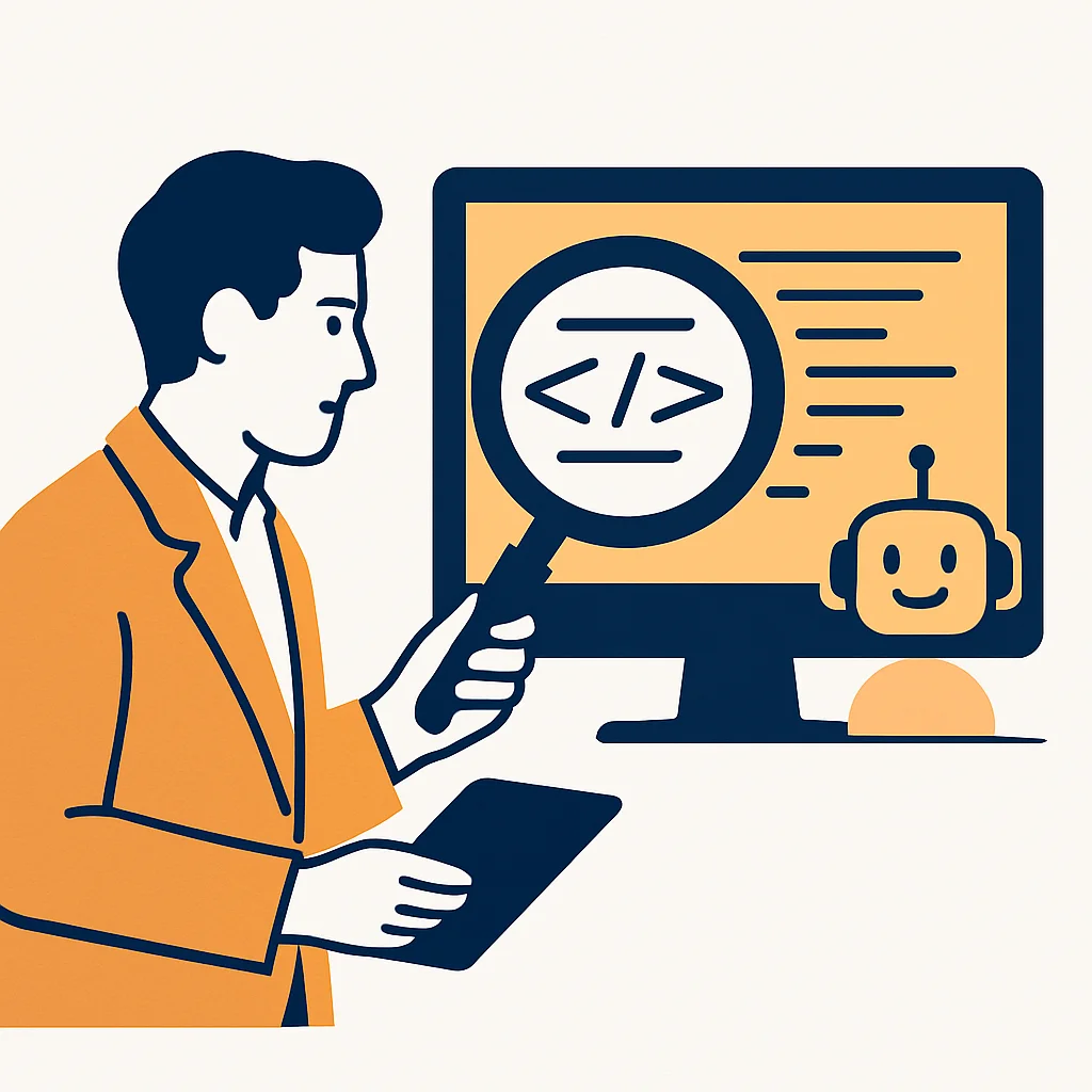 A person carefully reviewing AI-generated code with a magnifying glass