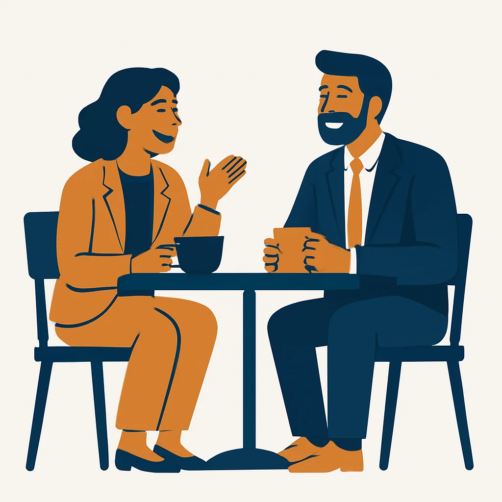 Two colleagues genuinely connecting over coffee