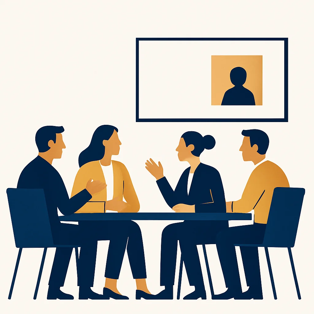 In-person group around a table with one remote participant on a wall screen