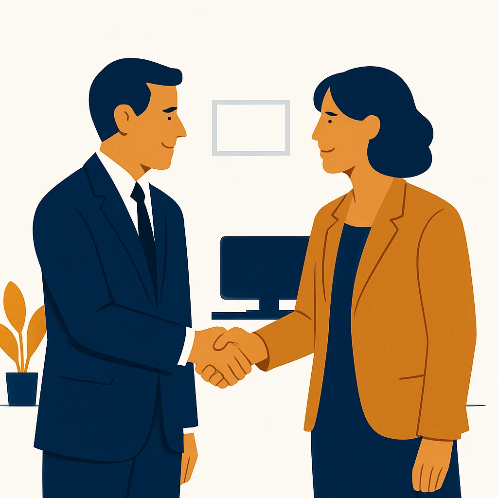 Two professionals shaking hands in person