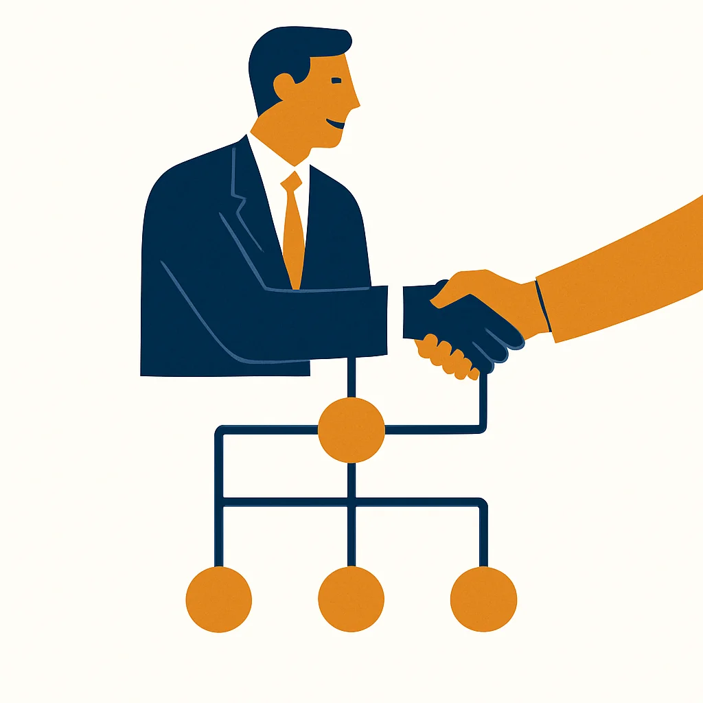 Professional shaking hands across a network of connections