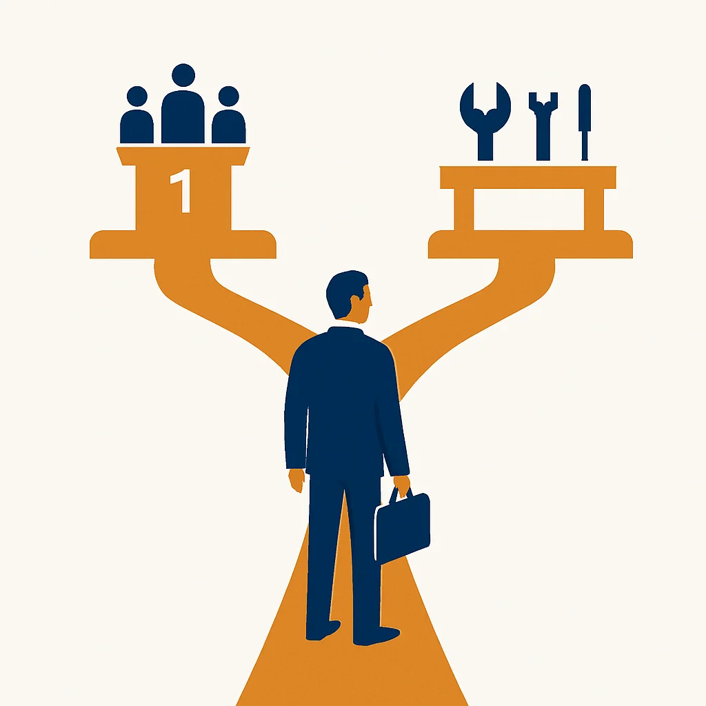 A professional at a fork between a leadership path and a craft path, both equally high