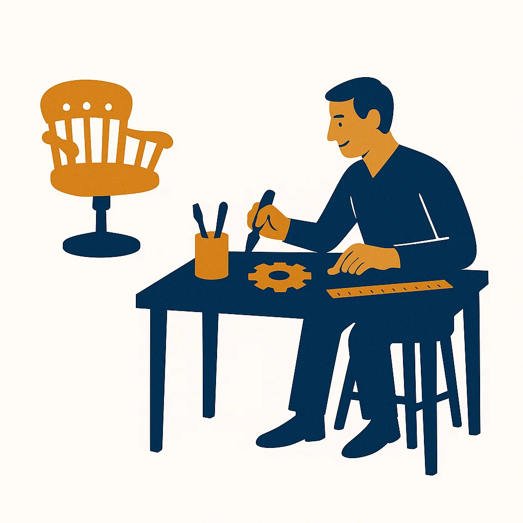 Skilled individual contributor at their workbench, next to an awkward, ill-fitting leadership chair