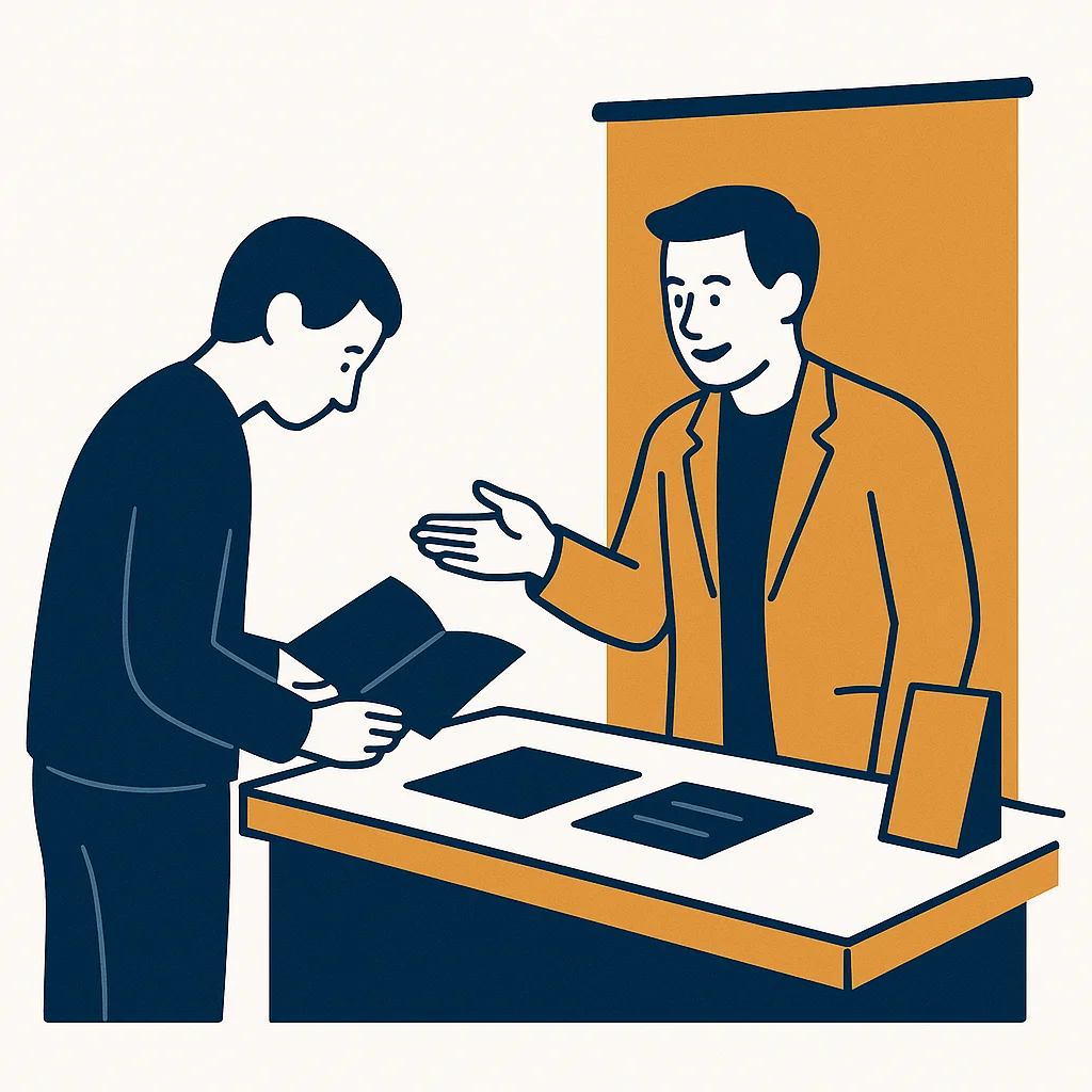 A person genuinely browsing and conversing with a friendly exhibition booth host