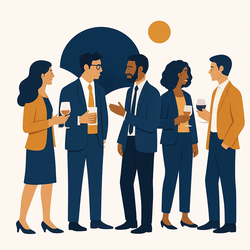 A small group of professionals genuinely engaged in conversation at a networking reception