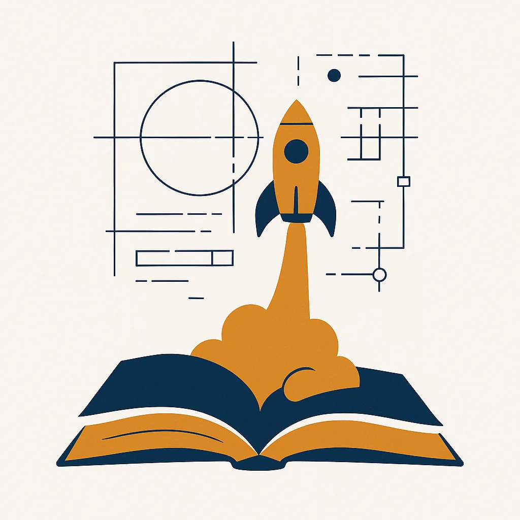 A rocket rising from an open book toward a technical blueprint