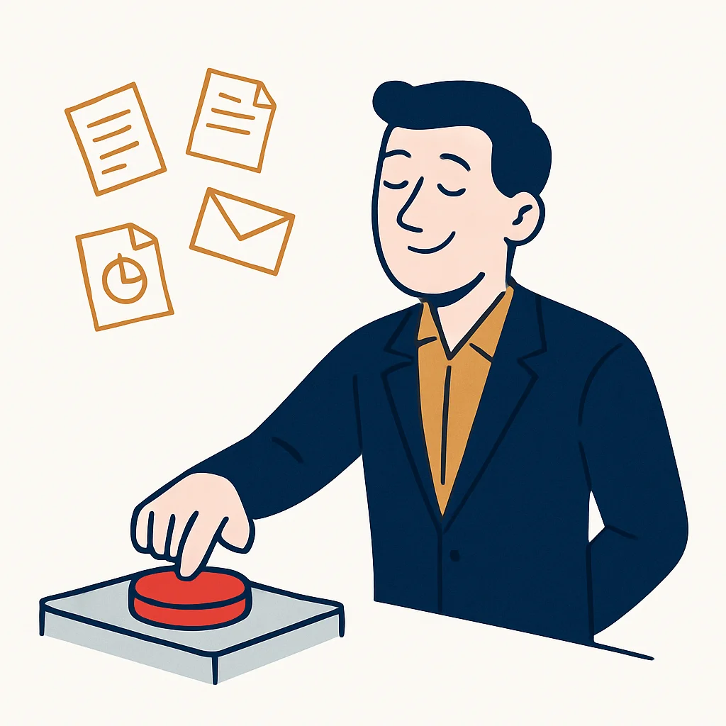 A person pressing a literal big red button as clerical tasks float away