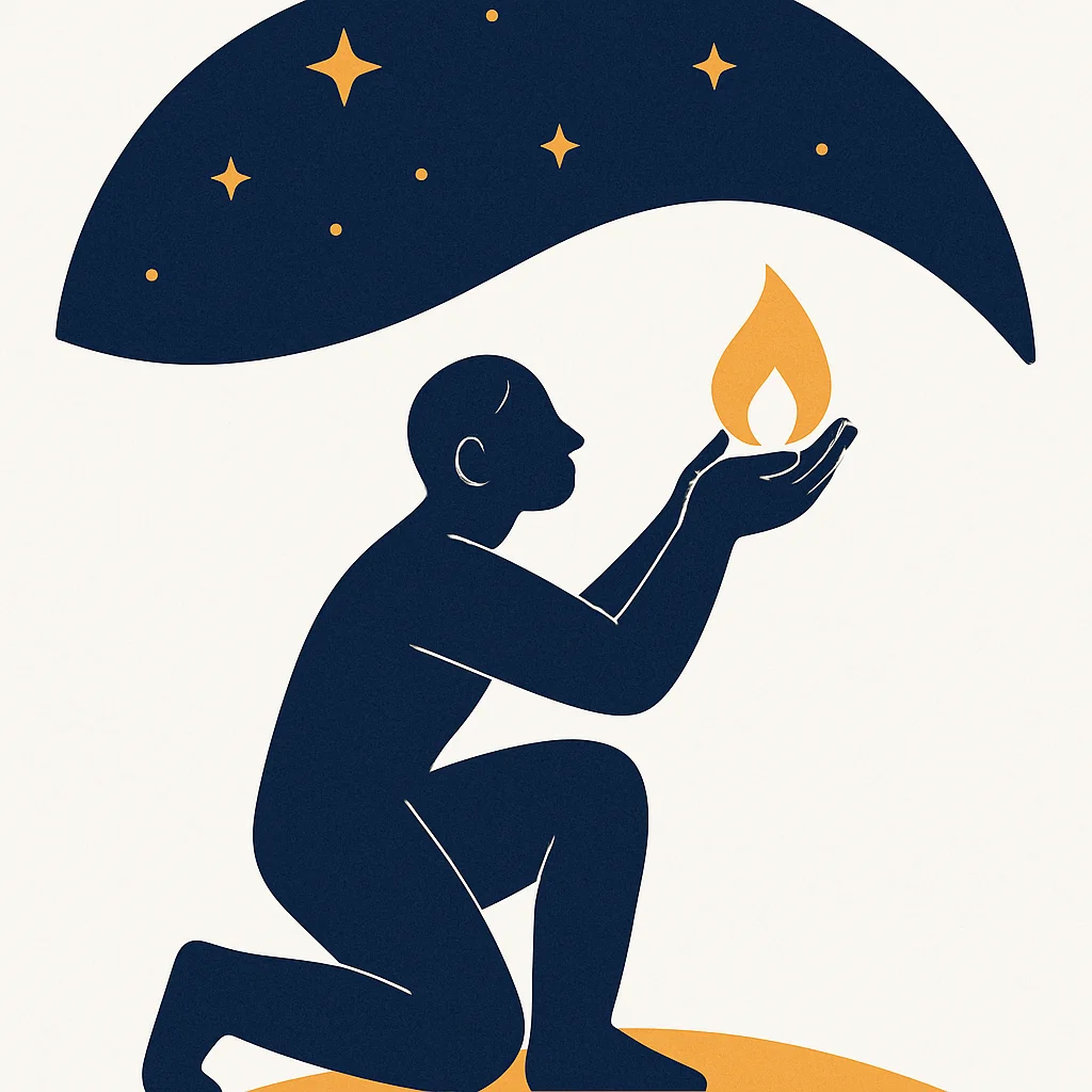 A figure carefully carrying a single flame down from the sky